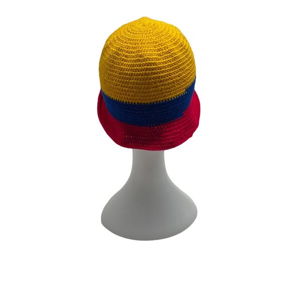 Crochet Bucket Hat Yellow Blue Red Striped Handmade Unisex - Picture 4 of 7